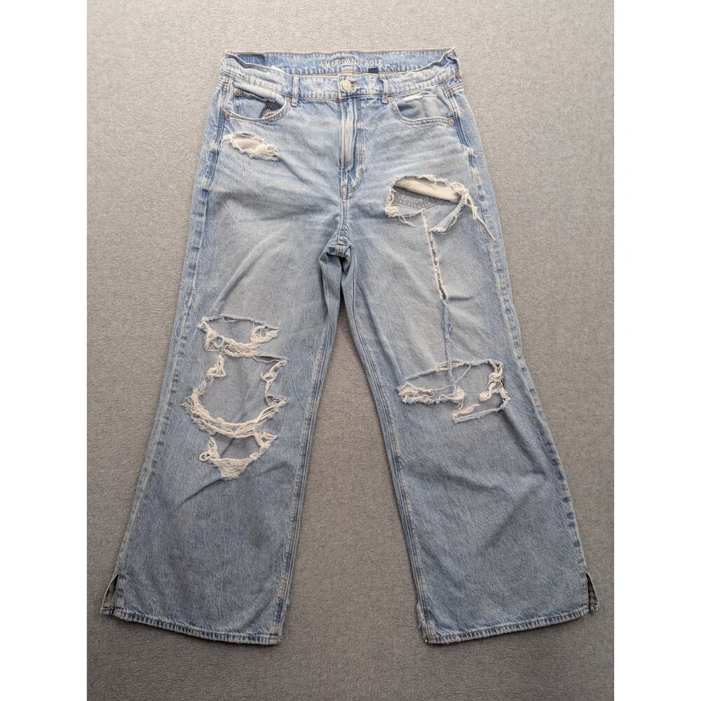 American Eagle Jeans Womens Size 8 Blue Distressed High Rise Baggy Wide Leg Y2K